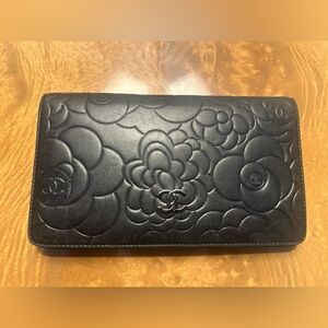 Chanel Camellia Quilted Floral Embossed Long Wallet - Black